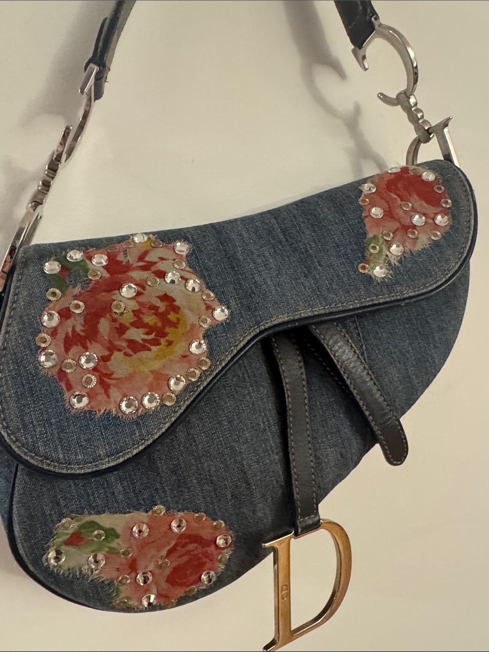 Authentic Vintage Dior Denim Floral Embellished Saddle bag - Picture 2 of 9